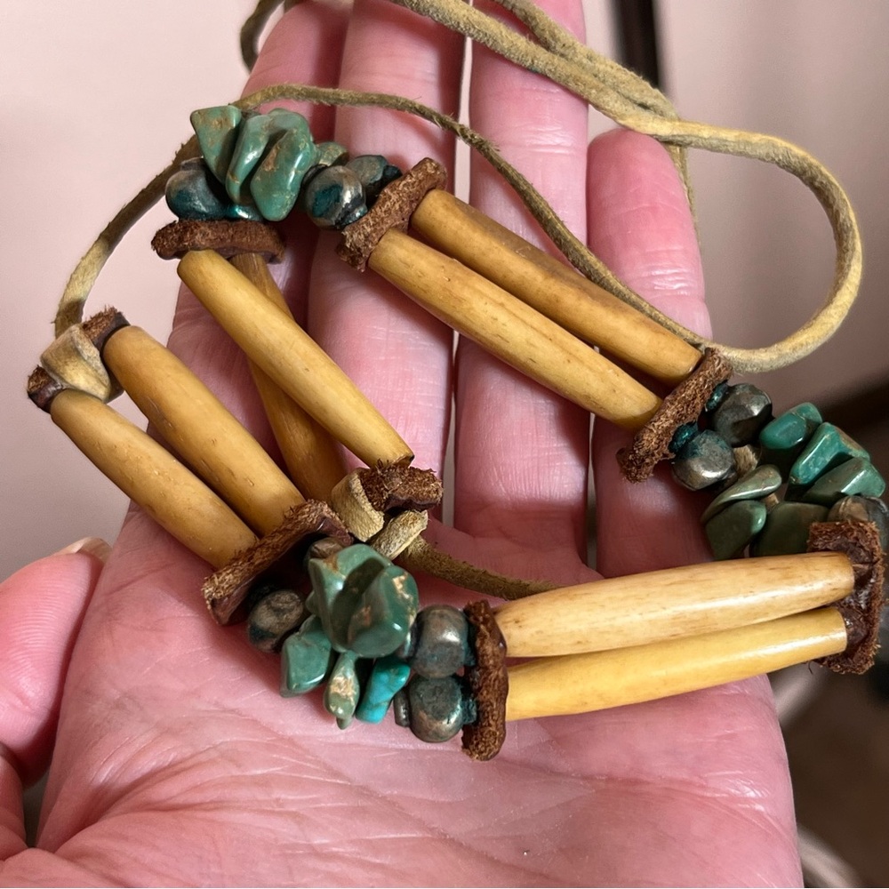 Native American turquoise bone Leather rustic Wide Festival Choker Necklace